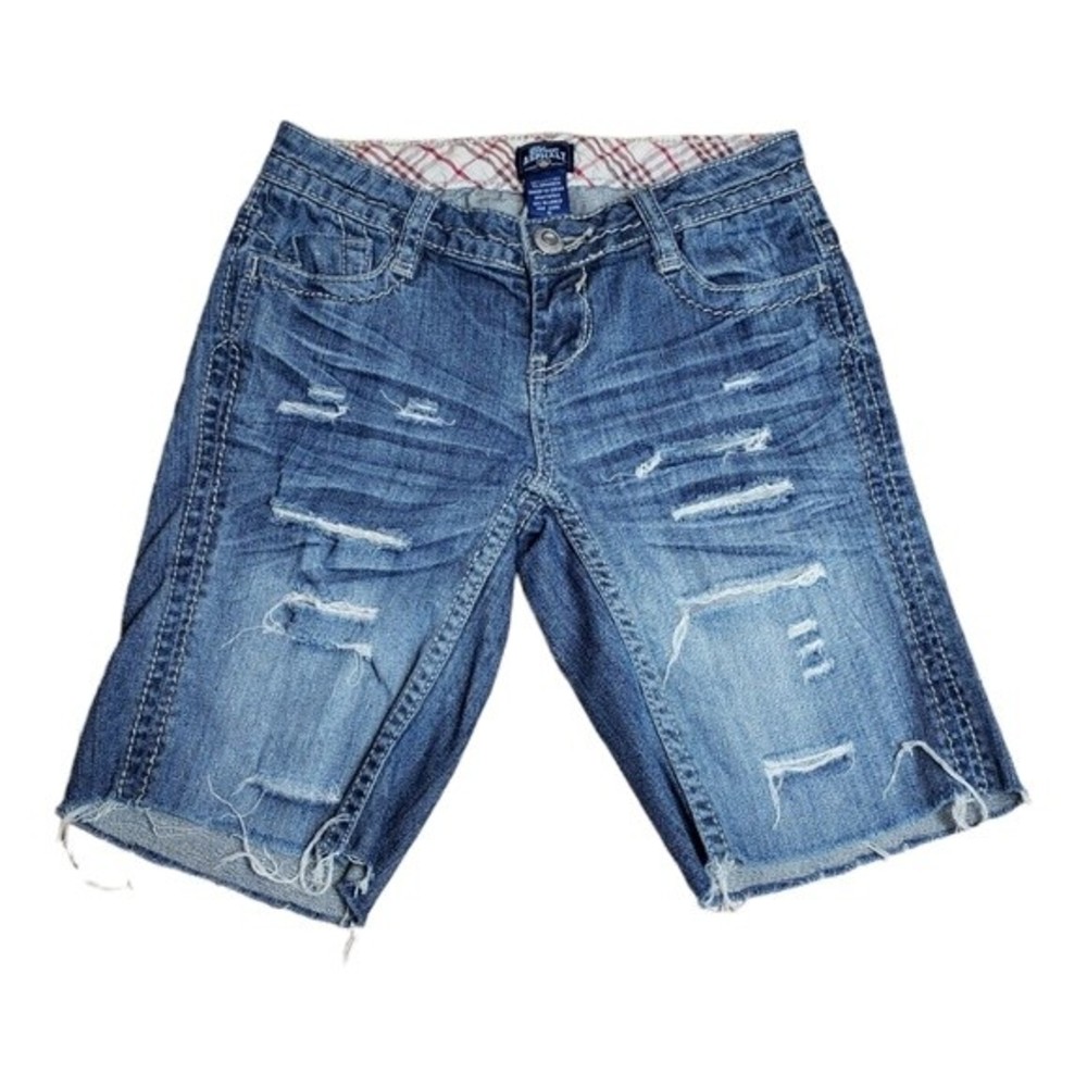 Blue Asphalt Womens Sz 0 Medium Dark Wash Denim Bermuda Jean Shorts Distressed